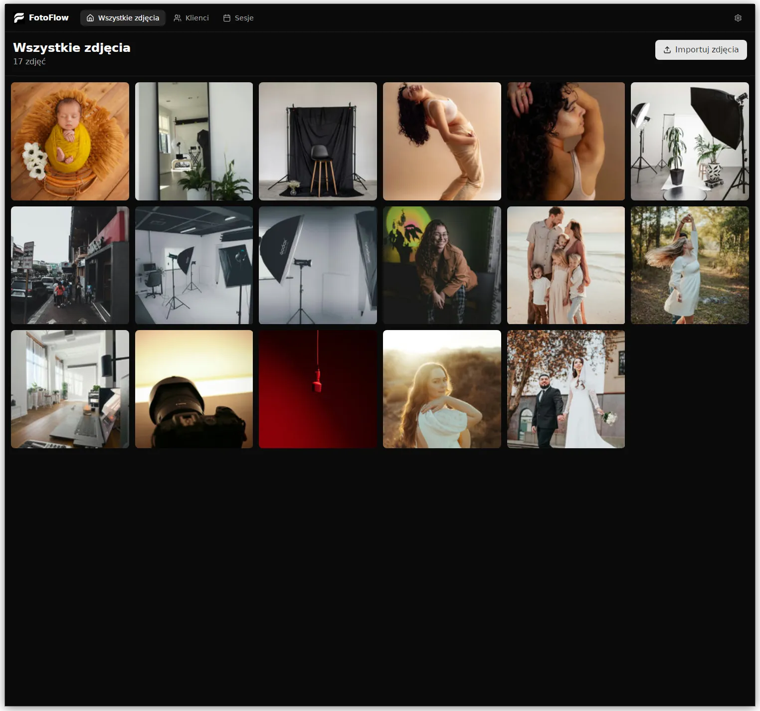 FotoFlow - Główny widok galerii zdjęć